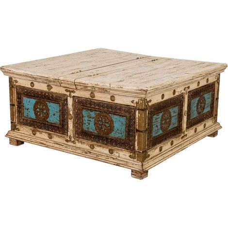 Mesa de centro de madera artesanal blanca 100x100x47h cm