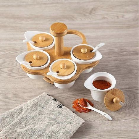 Lot de 5 pots à épices en céramique avec couvercle en bambou et porte-cuillère (blanc) (1/5)