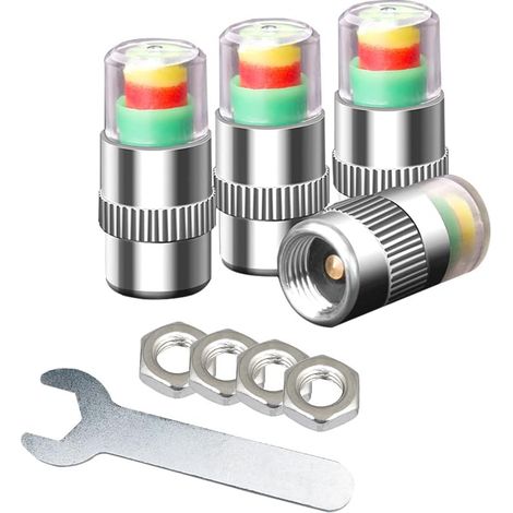 4 Pièces Bouchons Valve Pneu Voiture, Couvercle Poussière Valve Pneu, Moniteur Pression Pneu, Indicateur de Capteur d'Avertissement de Sécurité à 3 Couleurs, avec Écrou et Clé (1/3)