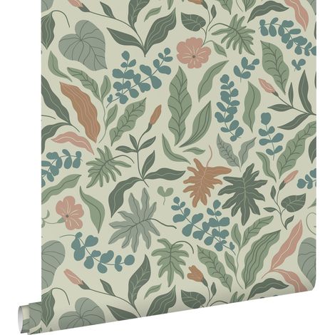 papier peint feuilles et fleurs vert foncé, bleu et rose - ESTAhome (1/5)