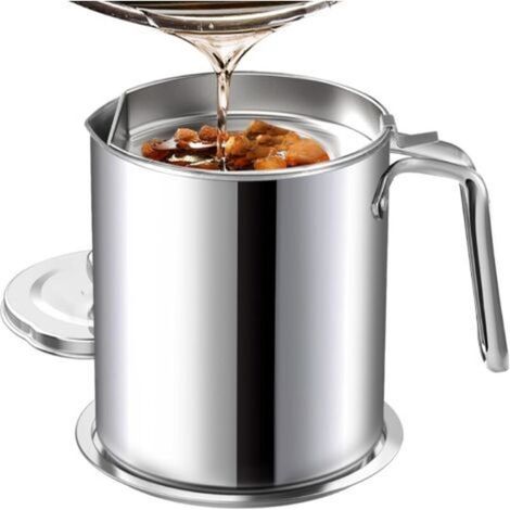 Stainless steel grease container with fine mesh sieve, 2 L capacity, with dustproof lid. Non-slip tray for kitchen storage of roasting and cooking fat. (1/4)