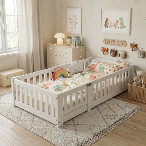Cama infantil de 90x200 cm, cama individual con estructura de madera maciza, barandilla de seguridad, estilo nórdico – Blanco (1/5)
