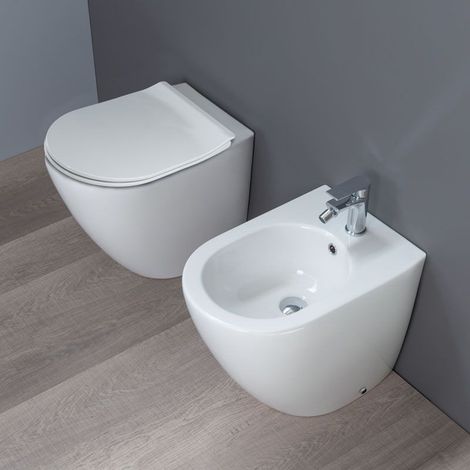 Coppia Sanitari WC + Bidet a Terra - COVER ALTHEA - WC con Sedile Soft Close - Colore Bianco (1/4)