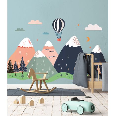 Grand Décor Panoramique Découpé, Chambre Enfant Déco, Paysage de Montagne, Montgolfière (1/5)