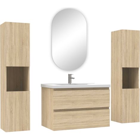 Acezanble ensemble meubles Salle de Bain avec colonne et miroir ovale mural 80cm meuble Chêne Wotan
