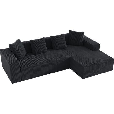 Canapé d'angle modulable en velours côtelé noir, assise profonde, dossier moelleux, 4 coussins, sans montage, gain de place pour salon ou chambre CHICFURN (1/5)