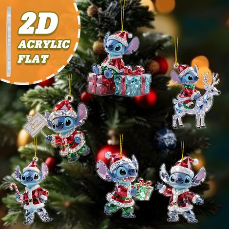 Ensemble de 6 décorations de Noël plates en acrylique sur le thème de Stitch bébé, en forme d'étoile, 2D, adaptées aux sapins de Noël et aux portes. (1/5)