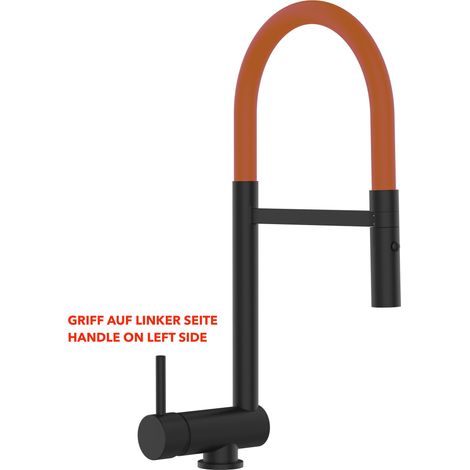 Mitigeur De Cuisine Rabattable Robinet Sous Fenêtre 6CM, Poignée à GAUCHE, avec bec pivotant 360° et douchette 2-jets détachable, Noir Mat / Orange (1/5)