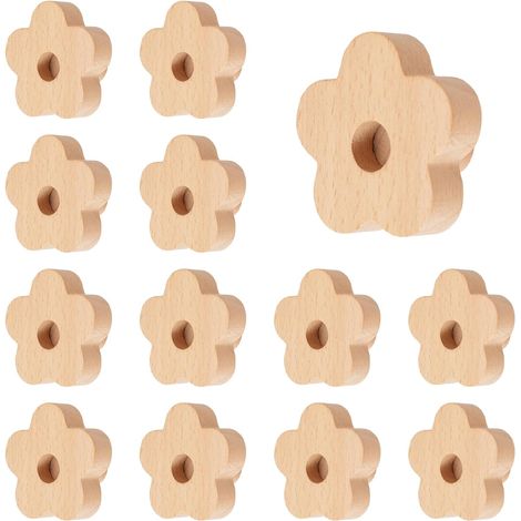 Poignées en bois en forme de fleur, bois naturel, poignées de placard de cuisine, trou unique, poignées en hêtre pour salon, chambre d'enfant, avec vis et tube d'extension, 12 pièces