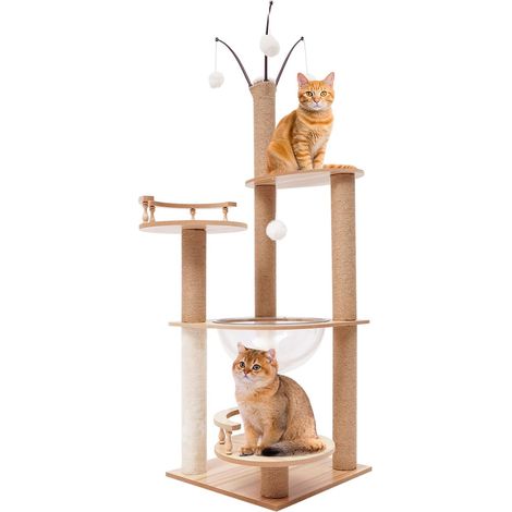 Arbre à chat, en bois, 132 cm de haut, stable, plaque dense, 3 plateformes, capsule spatiale claire, polyvalent (1/5)
