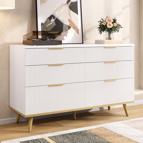 Kommode aus Spanplatte in Weiß 120 x 40 x 76,5 cm mit 6 Schubladen und Füßen in Holzoptik (1/5)