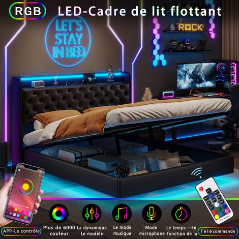 HYTKKBD – Lit Coffre 140x200 cm avec LED et USB,Cadre de Lit Flottant,Tête de lit Rembourrée avec Rangement,Lit Hydraulique,Lit Adult,Lit Double Capitonné,PU,Noir (1/5)