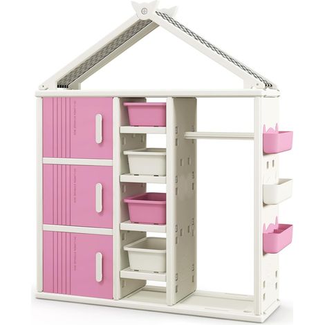 GOPLUS Armoire à Vêtements Enfant, Armoire de Rangement en Forme de Maison, avec Barre de Suspension, 3 Fentes Supérieures, 3 Paniers Réglables en Hauteur, pour Chambre d'enfant (Rose) (1/5)