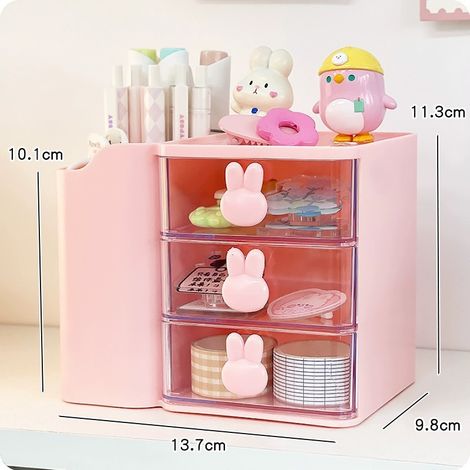 Boîte de Rangement pour Tiroirs à 3 Niveaux avec Porte-Stylo, Organisateur de Bureau Multifonctionnel avec Poignée en Forme de Lapin, Décoration de Table (Rose) (1/5)