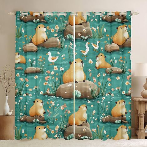 Adorables rideaux de fenêtre Capybara, canard Kawaii, beaux animaux sauvages, traitement de fenêtre, fleurs plantes pierres, vert lac, rideaux de fenêtre pour la décoration de la maison, 2 - 175x140cm (1/5)
