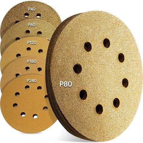 Premium Disques abrasifs excentriques 125mm Or, 60 pièces, 8 trous papier a poncer, disque poncage Papier abrasif universel Velcro 10 x P40 - P240 pour Bois, Métal et Peinture (1/5)