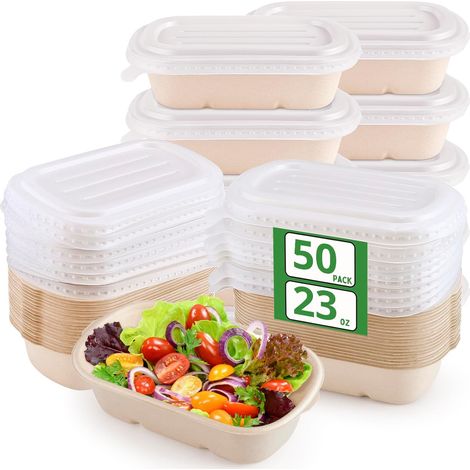 Lot de 50 bols en papier kraft avec couvercles, 700 ml, présentés dans une boîte en papier kraft brun, idéaux pour emporter votre salade. Ces bols réutilisables sont parfaits pour les repas sur le pou (1/5)
