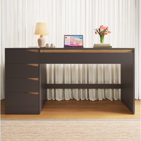Schreibtisch 140 x 50 cm mit 5 Schubladen aus MDF in Grau mit Eiche-Optik OKWISH (1/5)
