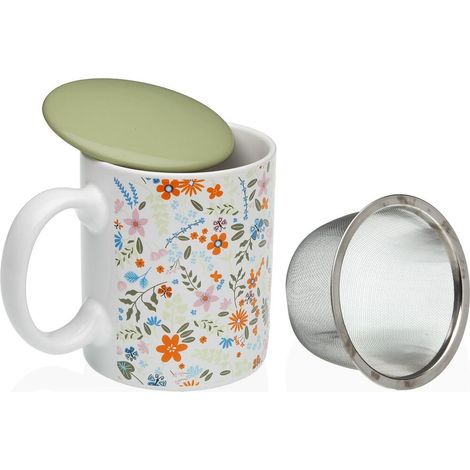 VERSA taza mug porcelana + tapa + filtro flowers , Taza mug porcelana + tapa+ filtro flowers de 350 ml. -Marca: Versa. -Moderna taza mug de diseño alegre. -Material: porcelana de g (1/2)