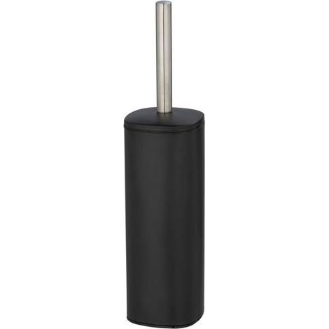 WENKO Ensemble WC sur pied Alassio, porte-brosse fermé avec brosse WC, tête de brosse remplaçable de Ø 8,5 cm en noir, en acier inox satiné, 9,3 x 39,2 x 9,3 cm, noir mat (1/5)