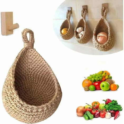 Paniers De Fruits Et Légumes Suspendus Au Mur, Corbeille De Fruits Ou De Légumes Tissée à La Main en Forme De Goutte d'eau De Jute, Panier De Rangement Suspendu De Cuisine (S) 14x21.5x10cm (1/5)