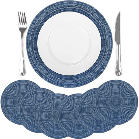 Lot de 6 sets de table bleus ronds tressés, antidérapants, lavables, 38x38 cm. (1/5)