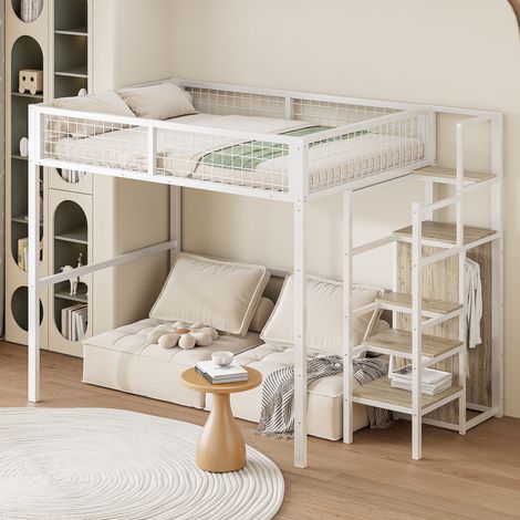Letto a soppalco 140x200 cm in metallo, con armadio, ripiano, scala per stoccaggio, rete a doghe, letto combinato per adulti in altezza - Bianco