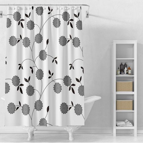 Rideau de douche 180x180cm, vinyle, blanc, fleurs noires