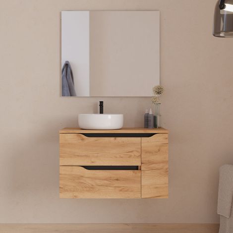 Meuble de salle de bain 80cm avec plateau, vasque à poser déportée à gauche Ares et miroir - 2 tiroirs et un placard - roble (chêne clair) - ZARZA