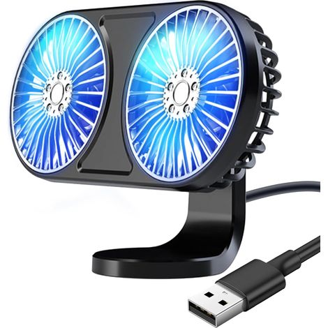 Ventilador para coche, ventilador doble USB giratorio de 360°, salida de aire multifuncional y base giratoria, 3 velocidades ajustables para coche. (1/5)