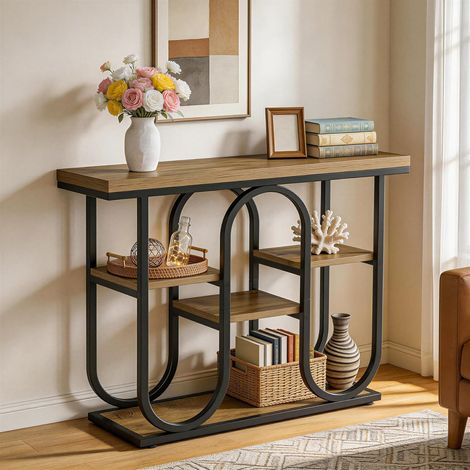 Tribesigns Table console industrielle, table de canapé 4 niveaux avec étagères ouvertes et cadre métallique, table d'entrée rustique pour petits espaces, couloir, salon, entrée
