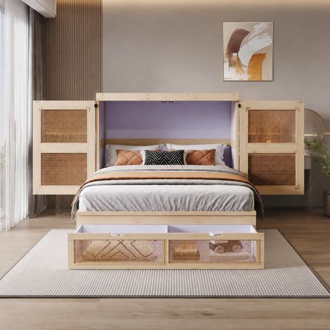 Letto a scomparsa verticale 140 x 200 cm con rete e cassetti, colore legno (1/5)