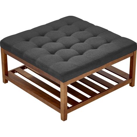 Grande table basse carrée capitonnée en lin, 875 mm, repose-pieds rembourré avec étagère de rangement en bois massif, capacité de poids 181,44 kg, pour chambre à coucher, salon, gris foncé (1/5)