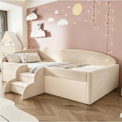 Letto per bambini 90x190 cm beige in velluto imbottito con sponde di sicurezza e scaletta (1/5)