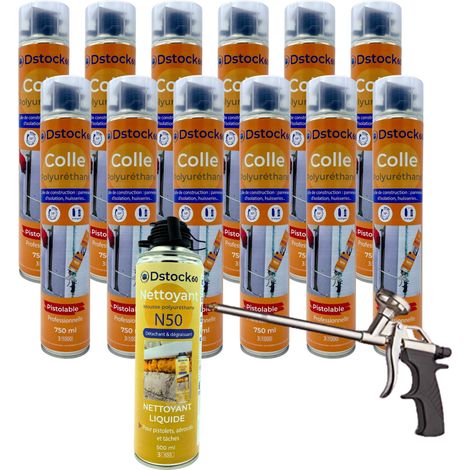 DSTOCK60 - Lot de 12 colles de montage polyuréthane + 1 pistolet + 1 nettoyant mousse - Mousse polyuréthane faiblement expansive pour le collage des panneaux isolants, rouleaux de bitume, huisseries…
