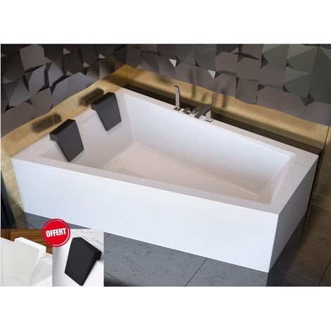Otitec – Baignoire asymétrique gauche 170x120 cm – Acrylique blanc – Tablier inclus – Repose-tête OFFERT – Design contemporain