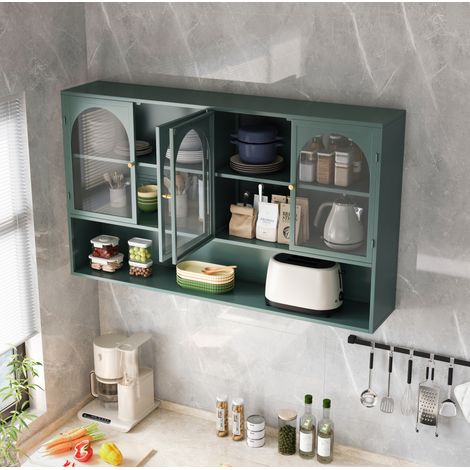 Armadietto da parete 120x23x70 cm in metallo e vetro grigio verde scuro, 4 ante - MEUBLIV (1/5)