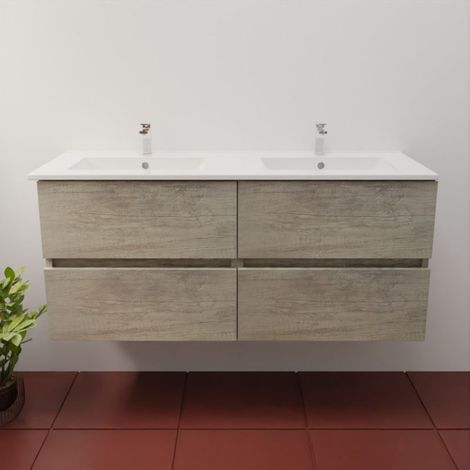 Meuble double vasque 120 cm ROSALY INOX- Bois- Plan vasque en Céramique