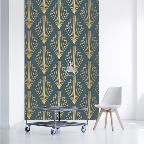 Papier peint intissé graphisme panoramique, éventails dorés sur fond vert foncé, 250 cm X 150 cm. Décorez votre intérieur avec ce produit unique (1/2)