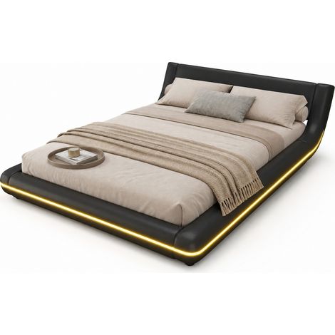 Lit bas 140x200 cm noir en PU et MDF avec éclairage LED réglable (1/5)