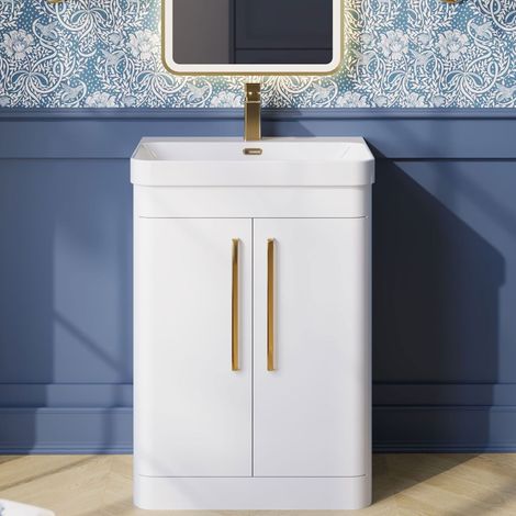 Nuie Parade Floor Standing 2-Door Vanity Unit with 1TH Thin-Edged Basin 600mm Wide - Gloss White