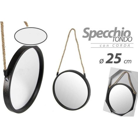 TRADE SHOP - Specchio 25 Cm Con Corda Specchiera Parete Tondo Moderno Nero In Metallo 777042 - (1/3)