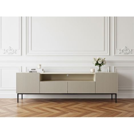Bobochic – Meuble TV 200 cm avec niche – Façades striées – 2 tiroirs et 2 compartiments – Largeur 44,6 cm – Hauteur 60,4 cm – Style moderne (1/5)