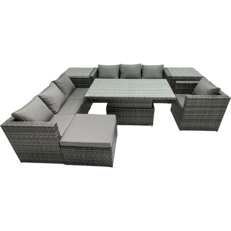 Fimous Rattan Dining Table Sofa Set with 2 Side Table Big Footstool Armchair Outdoor 8 Seat Garden Furniture Set Dark Grey Mixed (1/5)