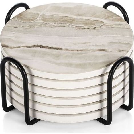 Dessous de verre, lot de 6 avec support, dessous de verre en céramique absorbante et antidérapante pour la maison, le café et les bars - Dessous de verre motif marbre (1/5)