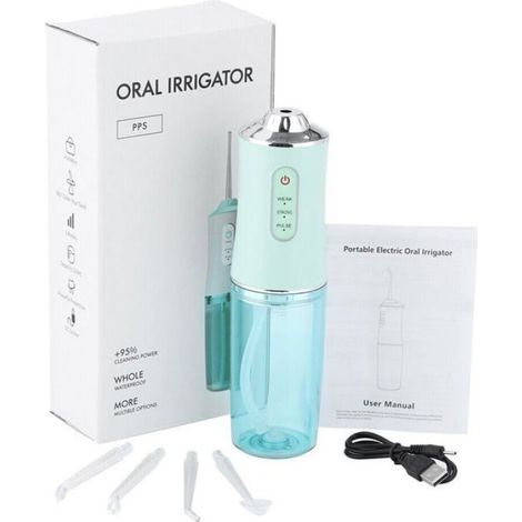 Oral Irrigator Electric Cordless Oral Irrigator USB Rechargeable with 4 Nozzles and 3 Pressure Modes Teeth Cleaning IPX7 (Green) (1/4)