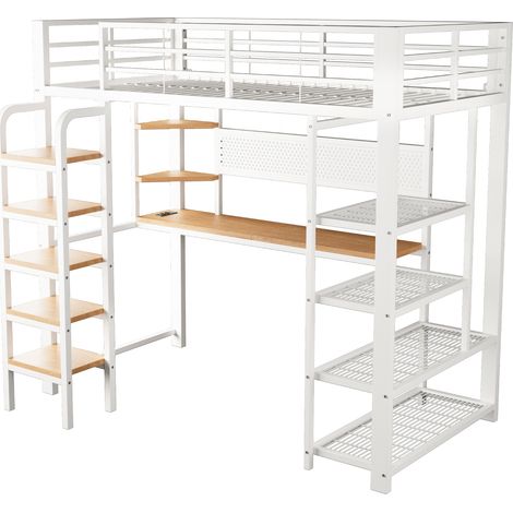 GagaLit mezzanine métal 90x200 cm blanc bureau LED prise CEE (1/5)