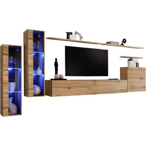 Composizione murale SWITCH XI – Mobile TV, vetrine sospese, cubo e scaffali – Rovere Wotan – Design moderno