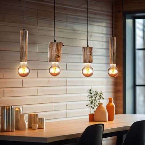 Pendelleuchte Holz Hängeleuchte Vintage Deckenlampe Küchen, Metall schwarz Eukalyptus, 4 flammig, H 150 cm, Esszimmer Wohnzimmer