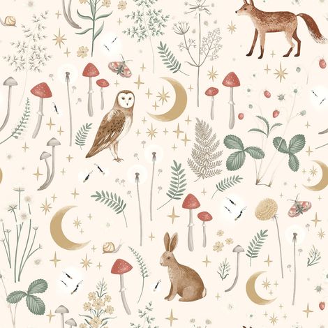 Catherine Lansfield Enchanted Twilight Natural Wallpaper Flowers Animal Print (1/4)